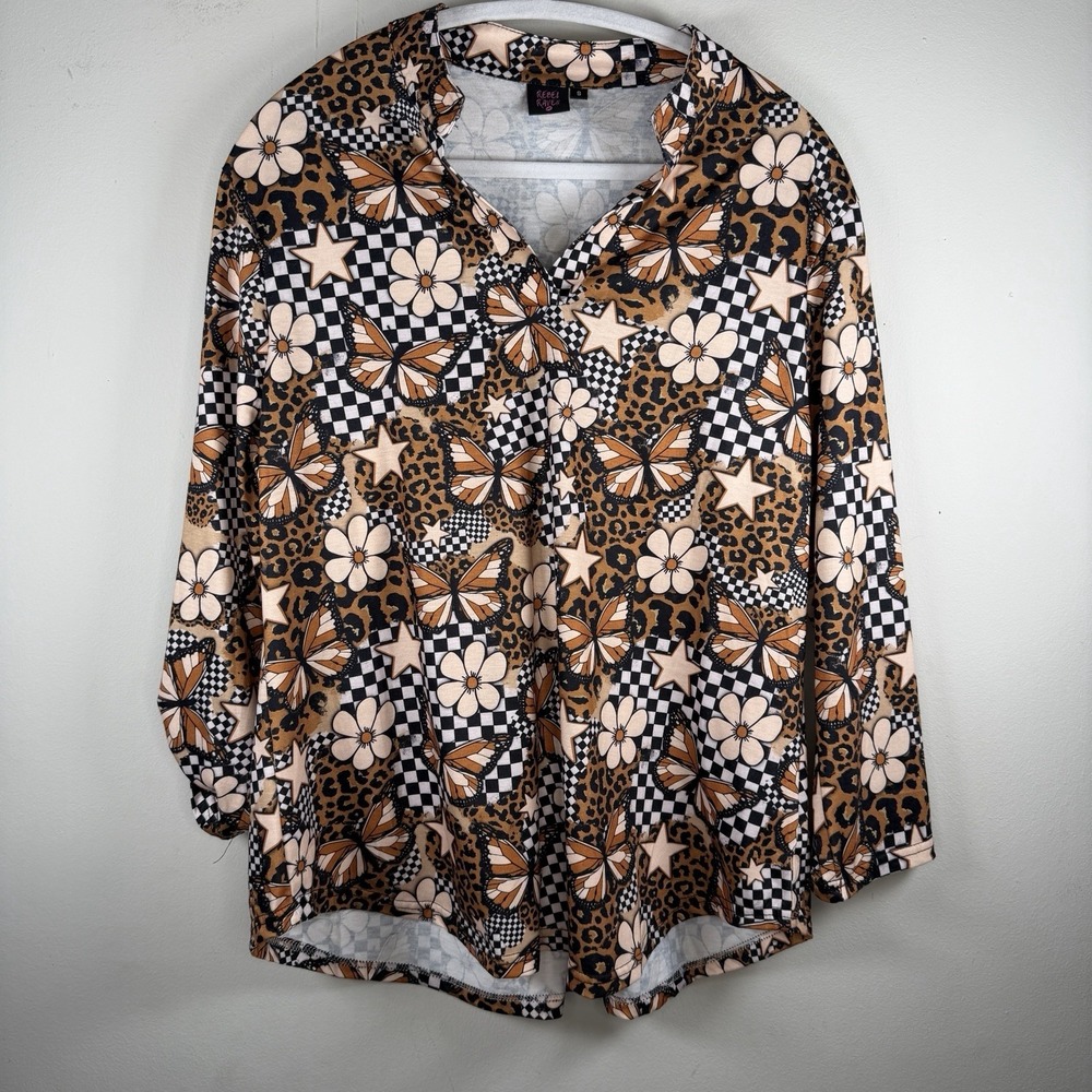 Rebel Raven Womens Tunic Blouse Top Size Small Brown Floral V-Neck Roll‎ Sleeve